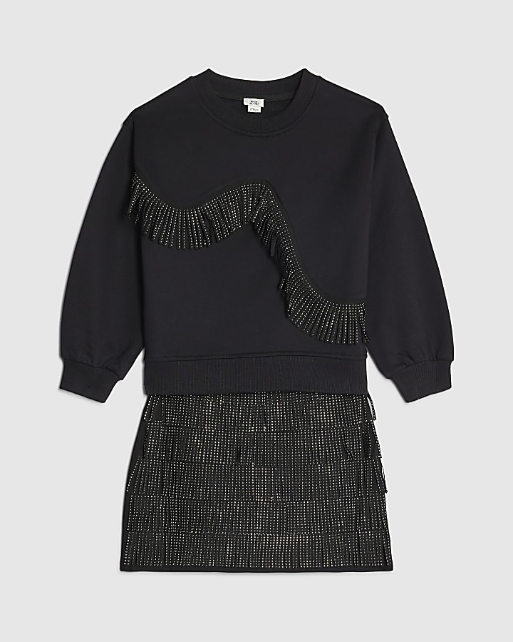 Girls Black Fringed Sweatshirt And Skirt Set
