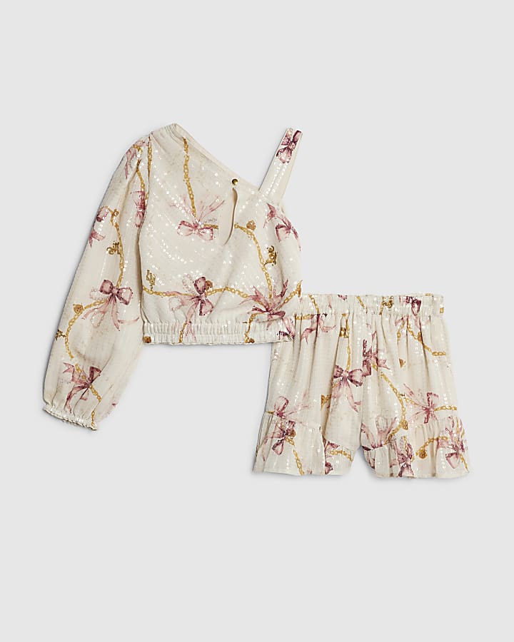 Girls Cream Sequin Chain Print Top Set