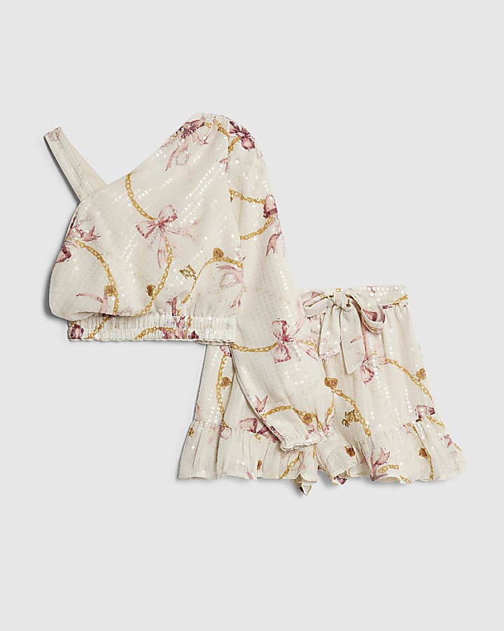 Girls Cream Sequin Chain Print Top Set