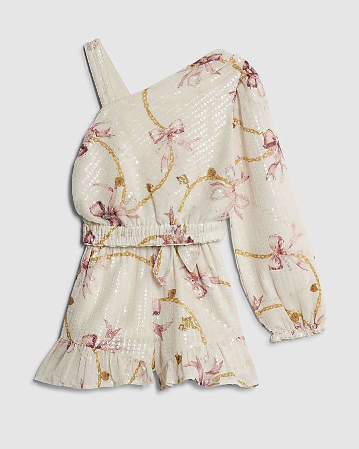 Girls Cream Sequin Chain Print Top Set