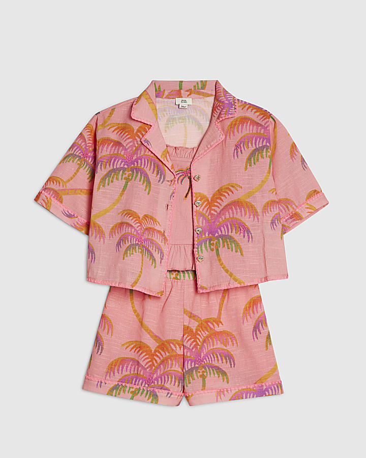 Girls Orange Palm Print Shirt Set