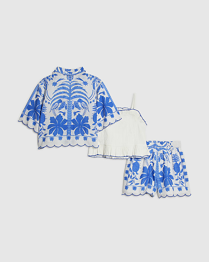 Girls Blue Tropical Print Parrot Shirt Set
