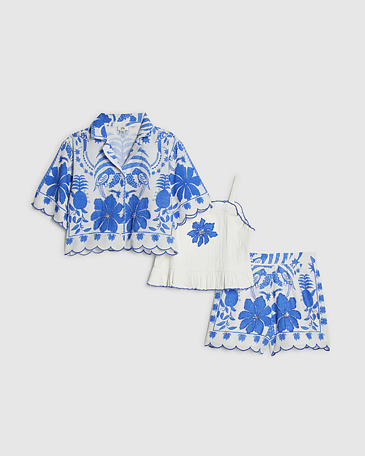 Girls Blue Tropical Print Parrot Shirt Set