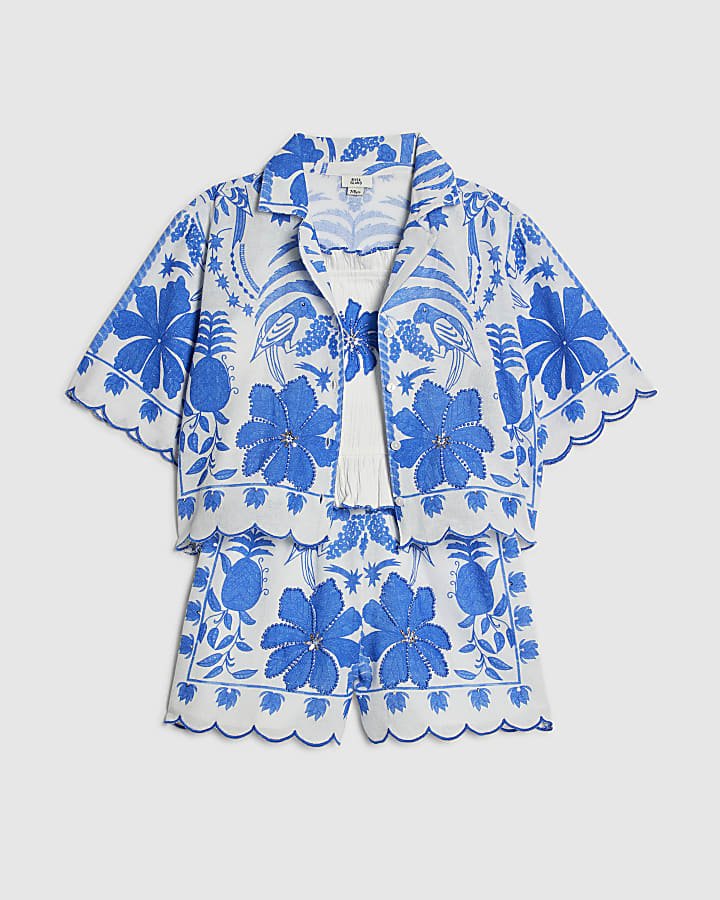 Girls Blue Tropical Print Parrot Shirt Set