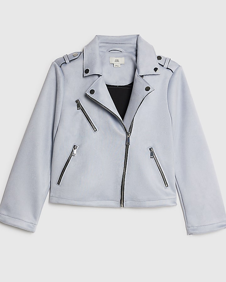 Girls Blue Faux Suede Biker Jacket
