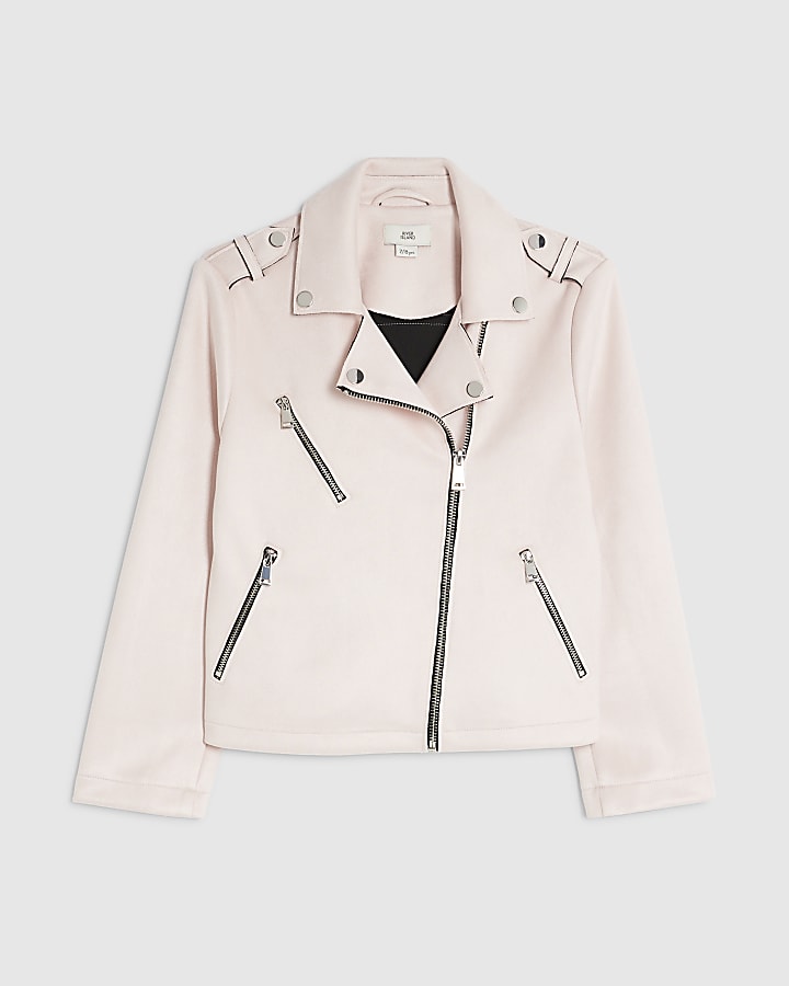 Girls Pink Faux Suede Biker Jacket