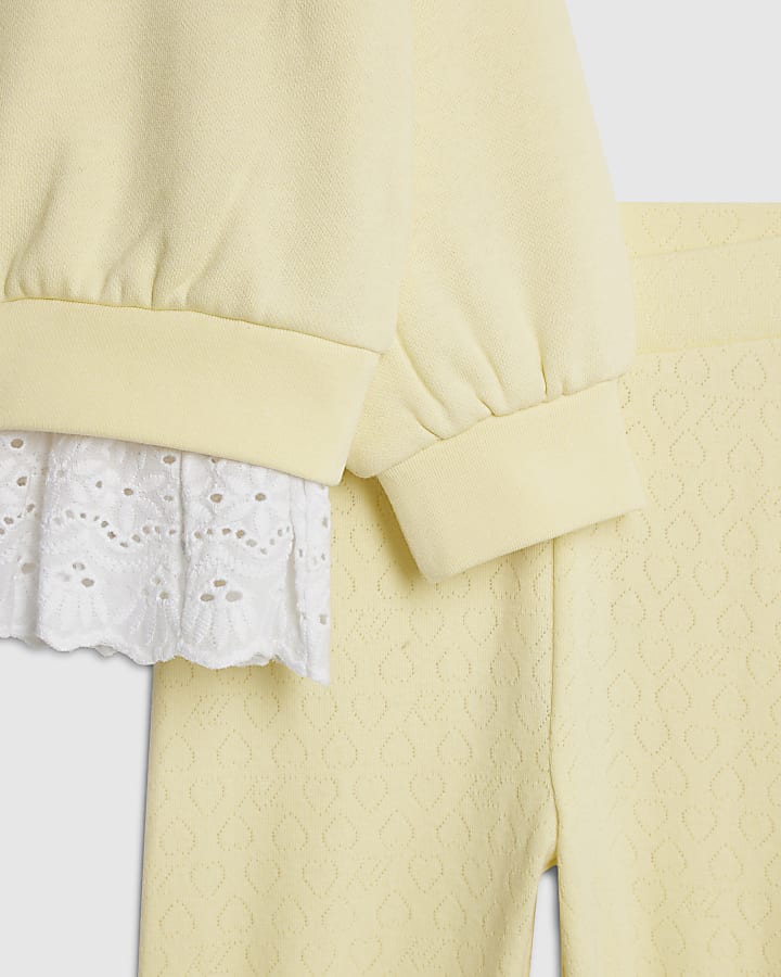 Mini Girls Yellow Broderie Hem Sweatshirt Set
