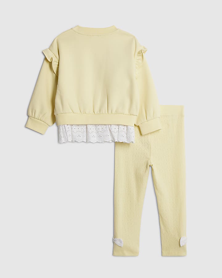 Mini Girls Yellow Broderie Hem Sweatshirt Set