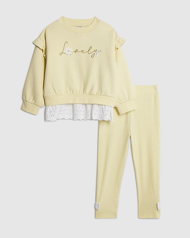 Mini Girls Yellow Broderie Hem Sweatshirt Set