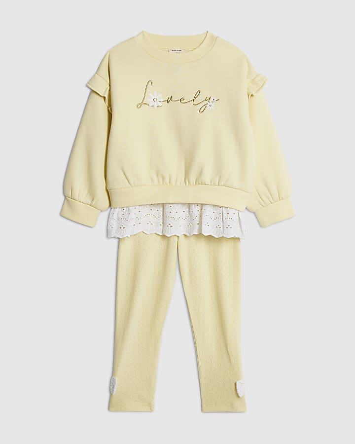 Mini Girls Yellow Broderie Hem Sweatshirt Set