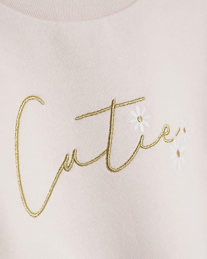 Mini Girls Pink Broderie Hem Sweatshirt Set