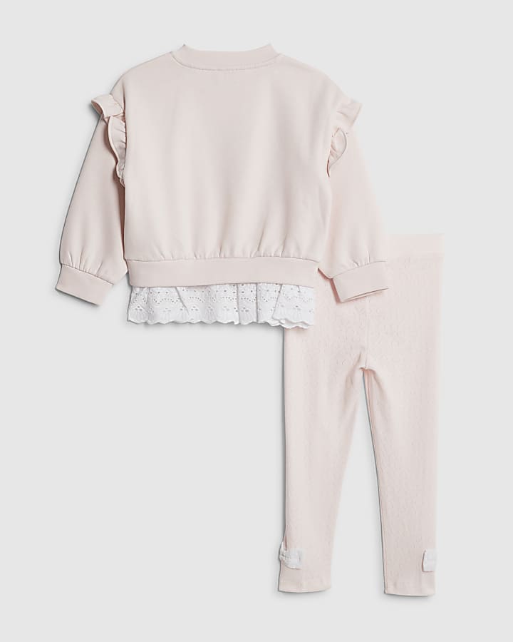 Mini Girls Pink Broderie Hem Sweatshirt Set