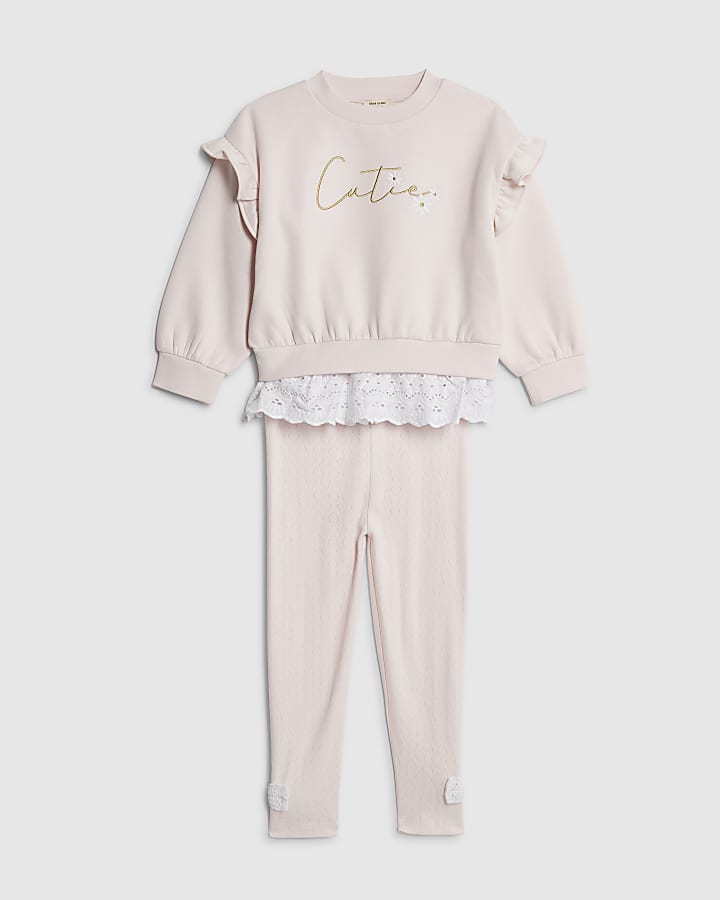 Mini Girls Pink Broderie Hem Sweatshirt Set