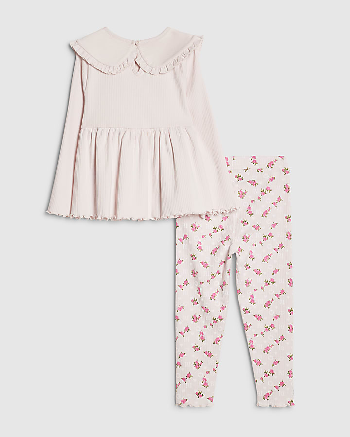 Mini Girls Pink Rib Collar Peplum Top Set