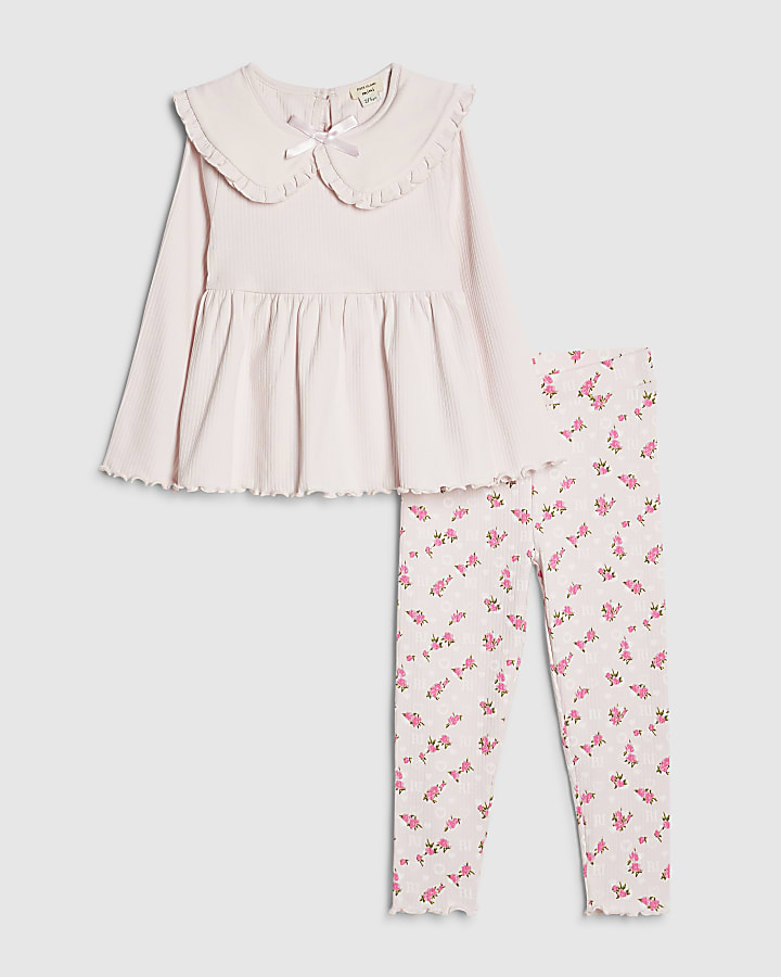 Mini Girls Pink Rib Collar Peplum Top Set