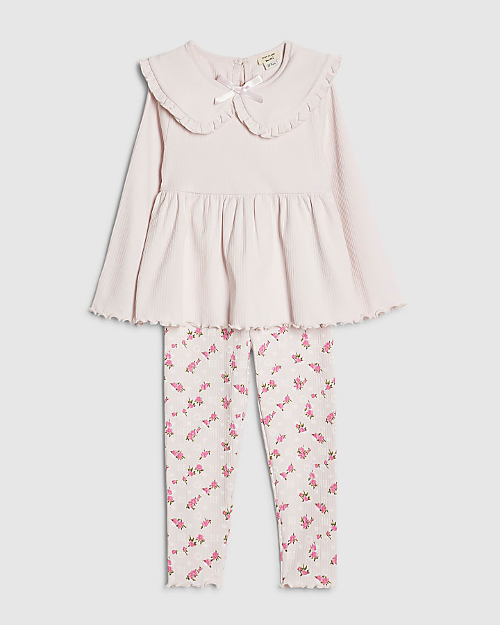 Mini Girls Pink Rib Collar Peplum Top Set