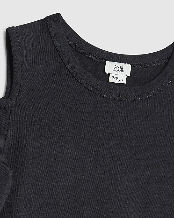 Girls Black Cold Shoulder RI Waistband Top