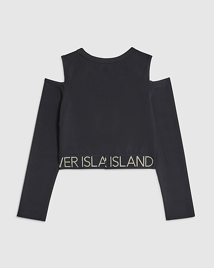 Girls Black Cold Shoulder RI Waistband Top