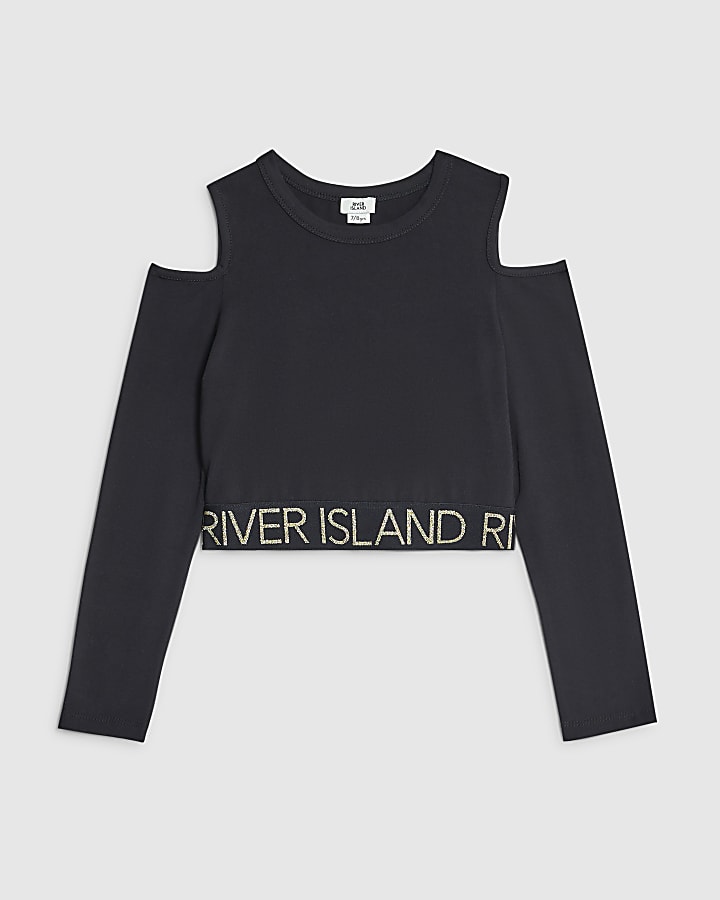 Girls Black Cold Shoulder RI Waistband Top