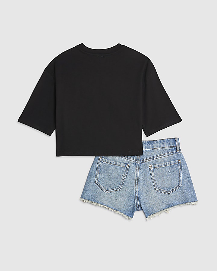 Girls Denim Diamante Shorts Set