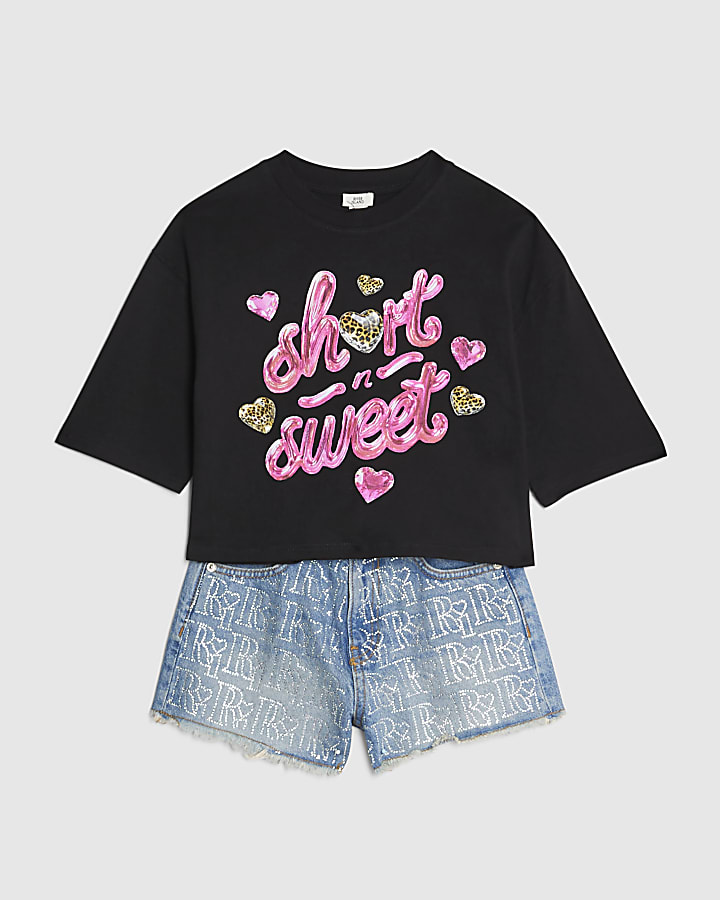 Girls Denim Diamante Shorts Set