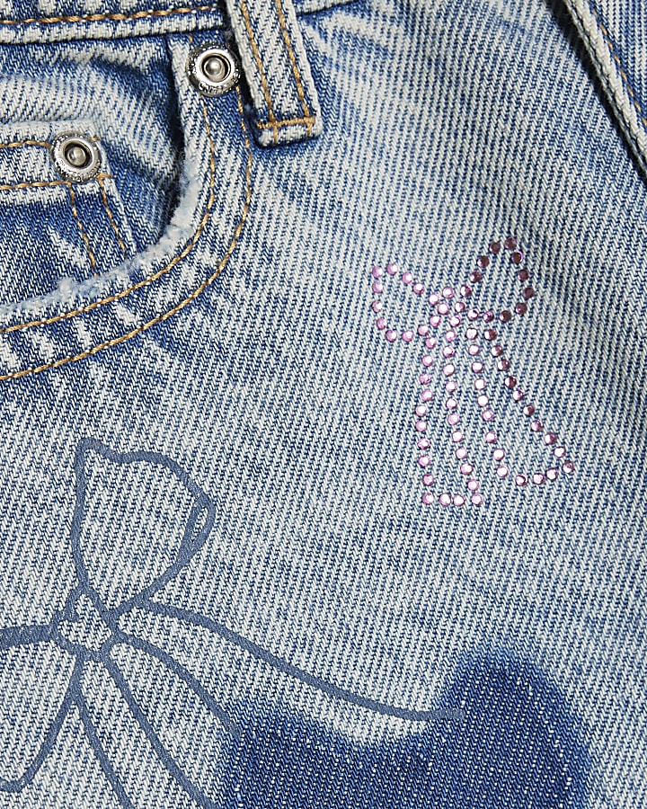 Girls Blue Bow Patchwork Wide Leg Jeans