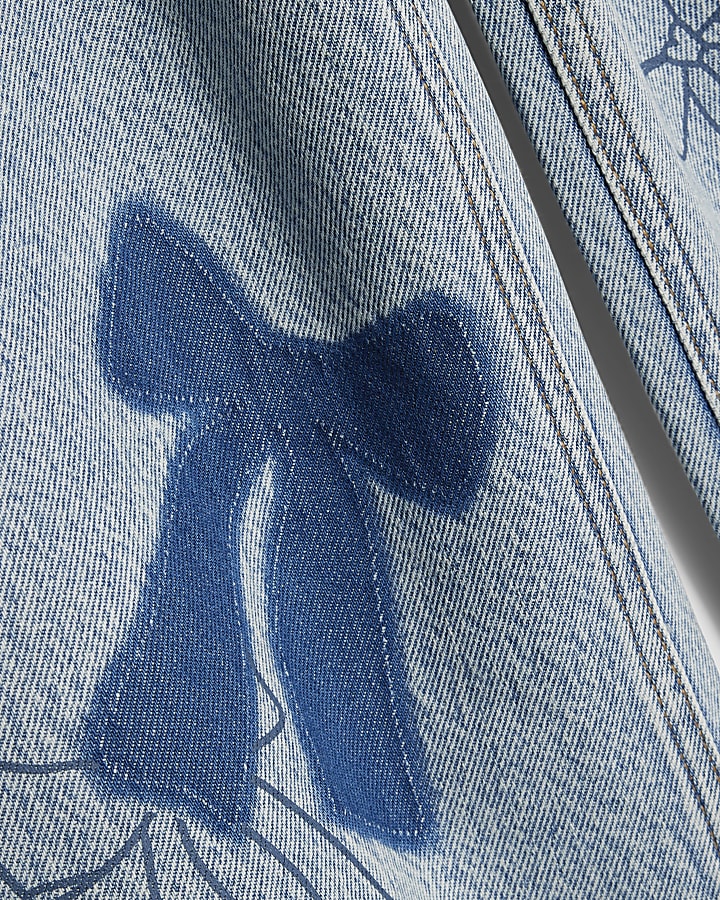 Girls Blue Bow Patchwork Wide Leg Jeans