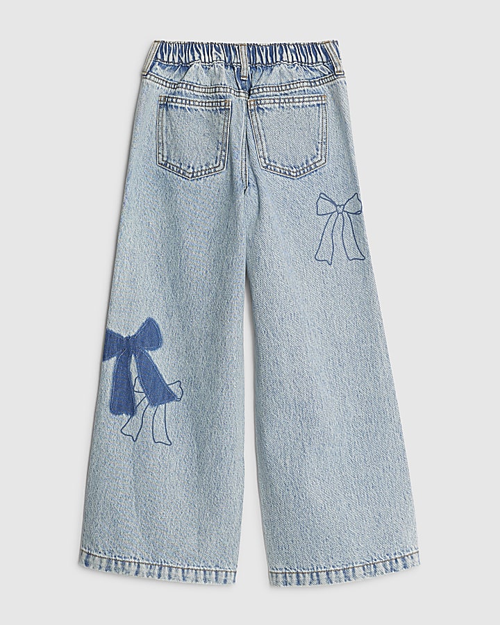 Girls Blue Bow Patchwork Wide Leg Jeans