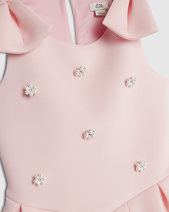 Girls Pink Pearl Embellished Scuba Dress