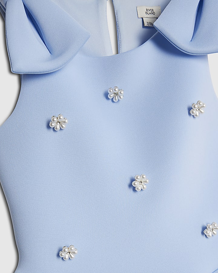 Girls Blue Pearl Embellished Scuba Dress