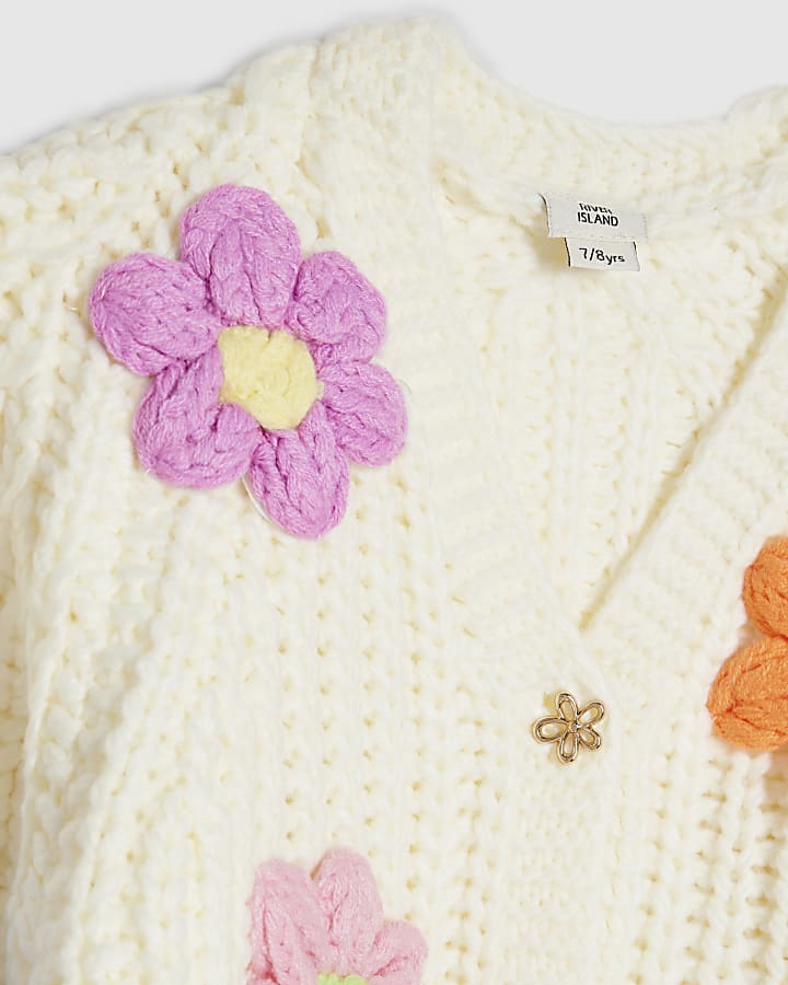 Girls Cream Knitted Flower Cardigan