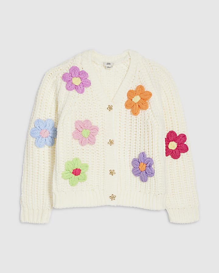 Girls Cream Knitted Flower Cardigan