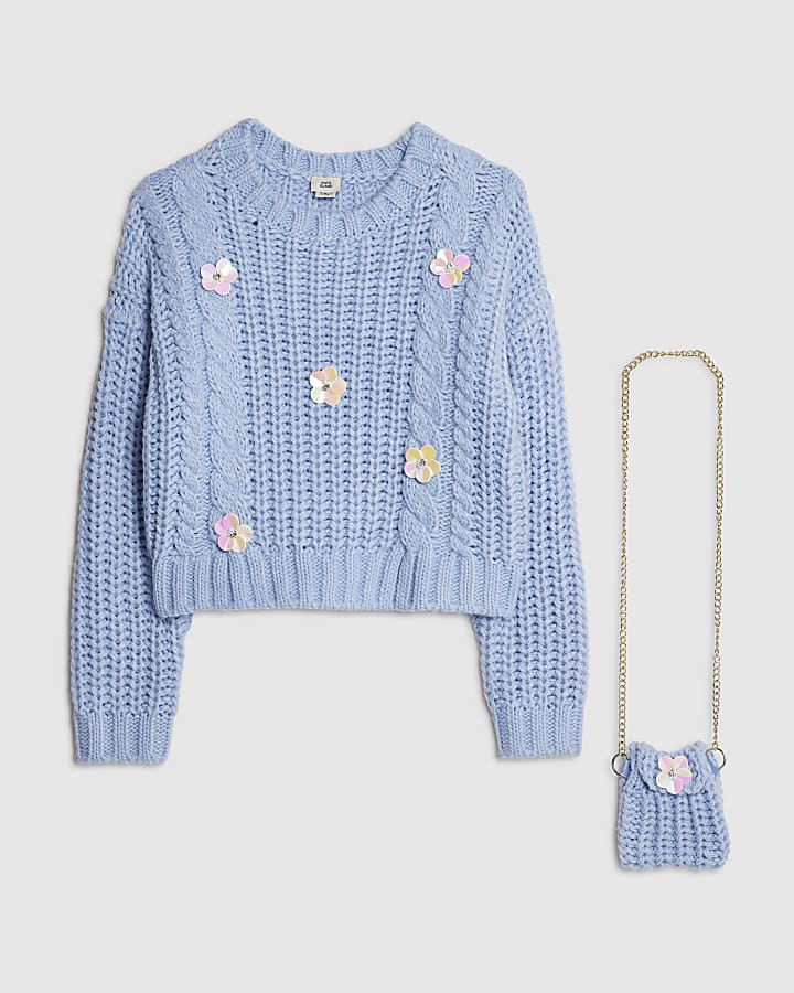 Girls Blue Knitted Flower Jumper With Bag