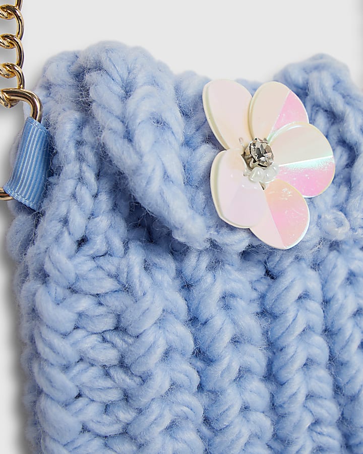 Girls Blue Knitted Flower Jumper With Bag