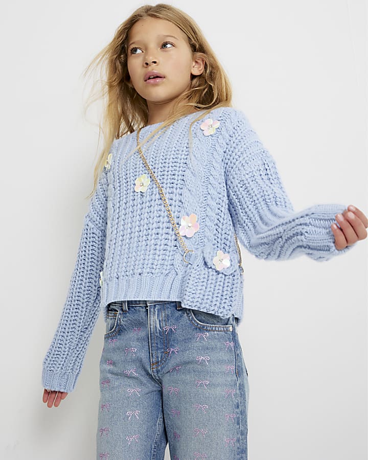 Girls Blue Knitted Flower Jumper With Bag