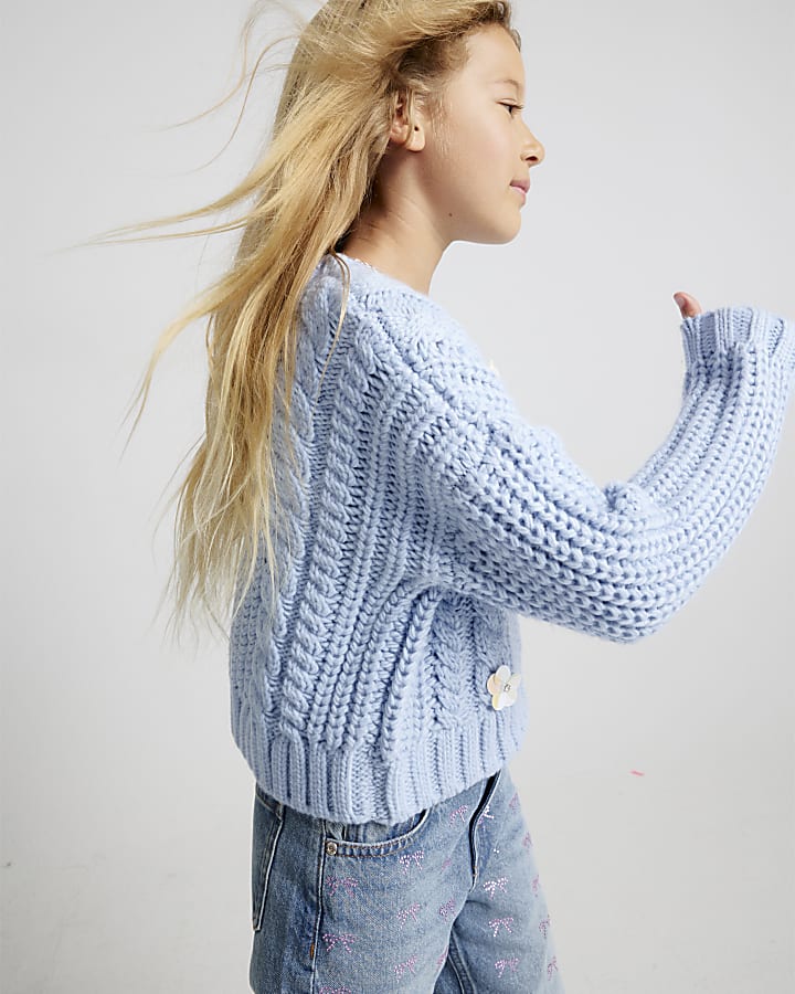 Girls Blue Knitted Flower Jumper With Bag