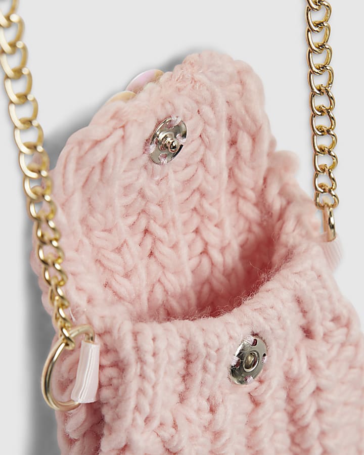 Girls Pink Knitted Flower Jumper With Bag