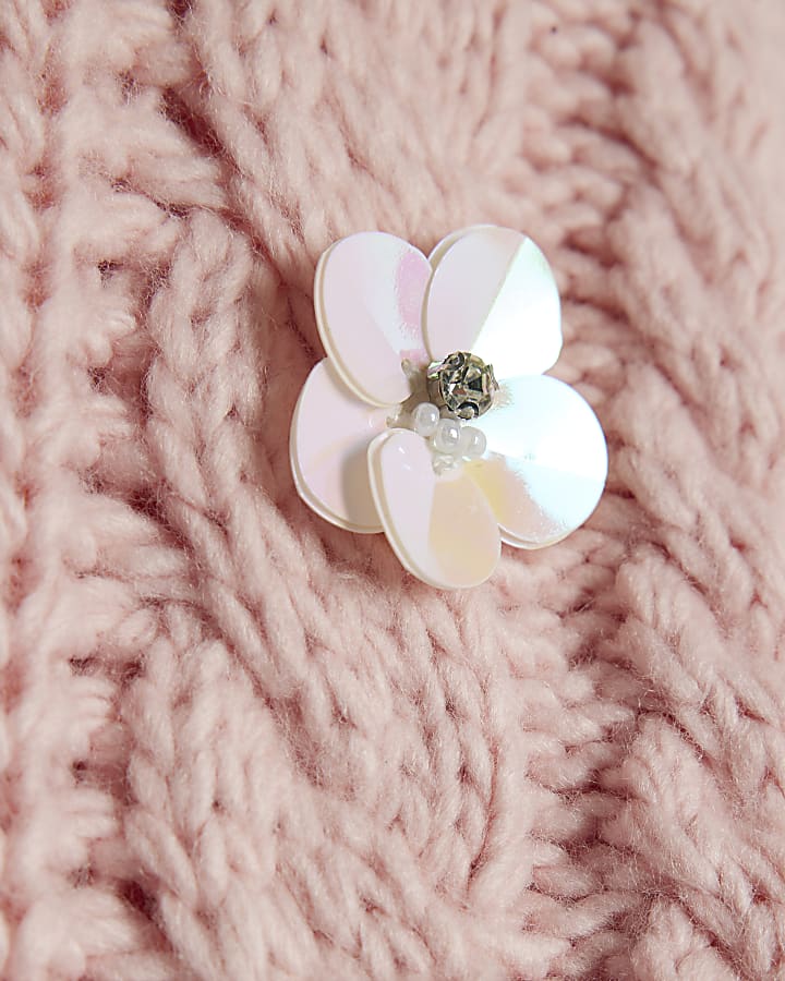 Girls Pink Knitted Flower Jumper With Bag