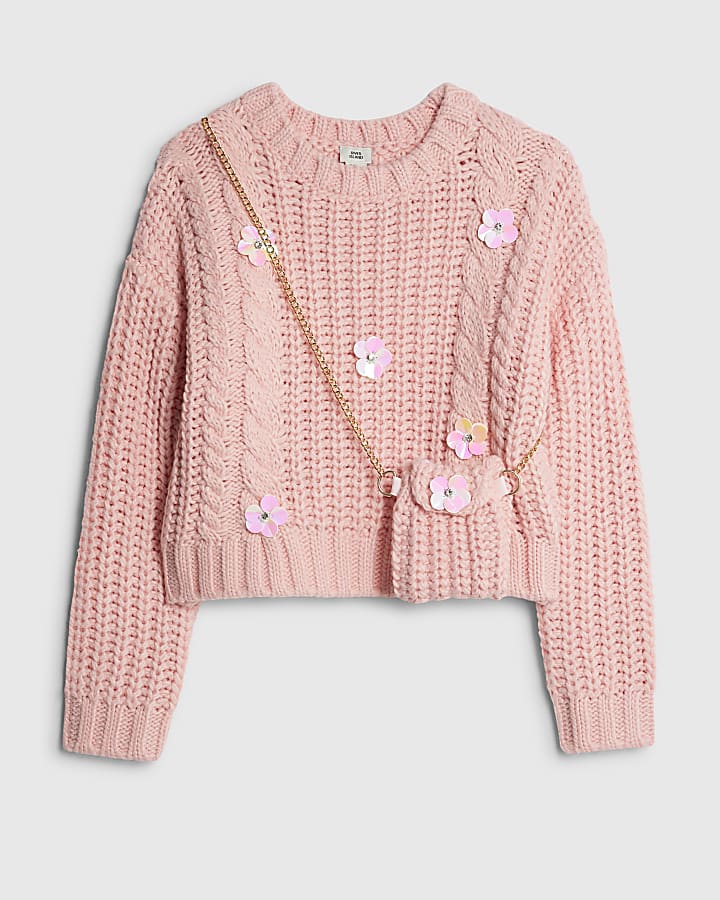 Girls Pink Knitted Flower Jumper With Bag