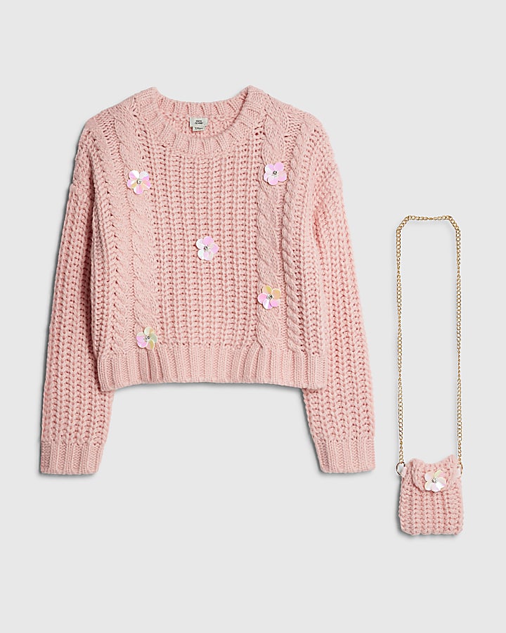 Girls Pink Knitted Flower Jumper With Bag