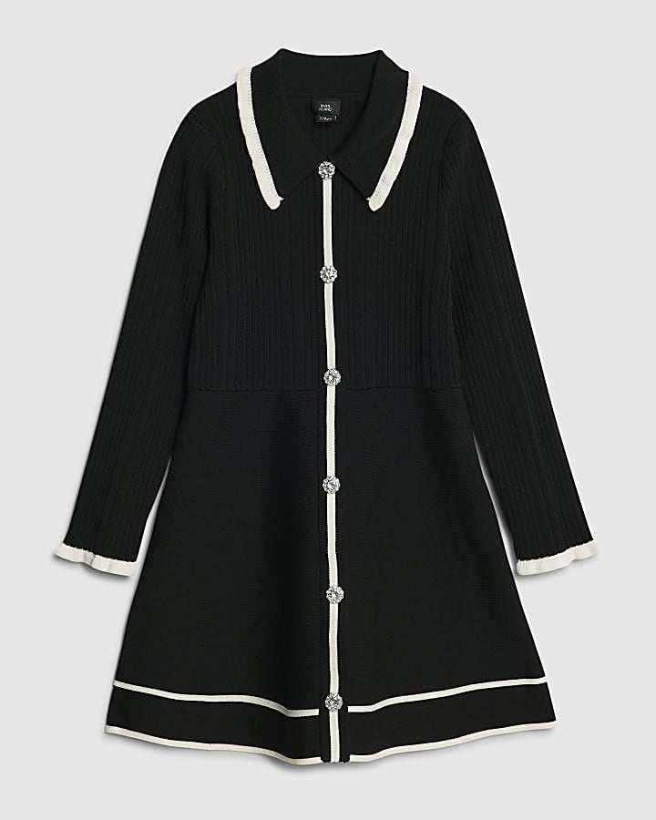Girls Black Tipped Button Dress