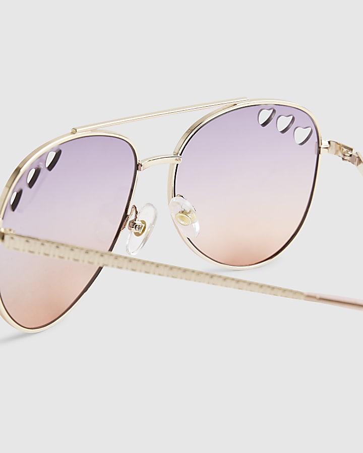 Girls Purple Cut Out Heart Aviator Sunglasses