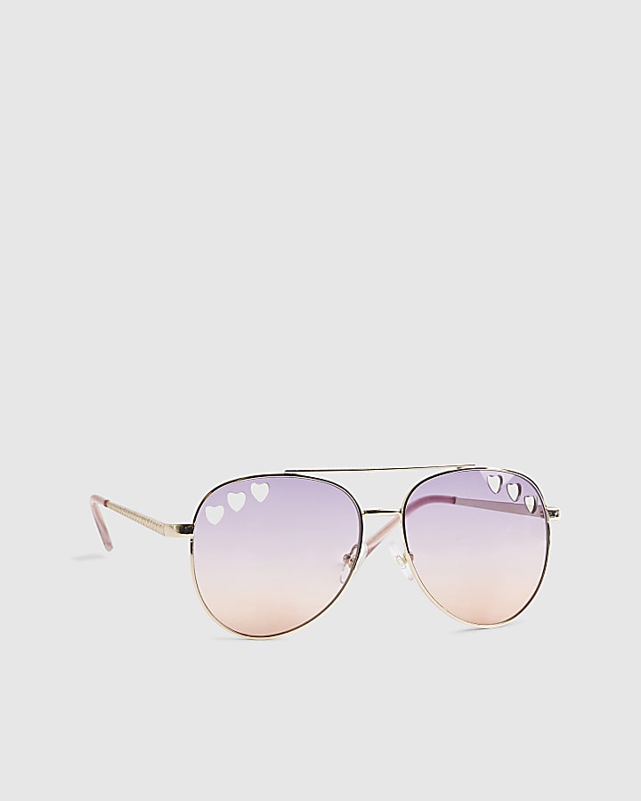 Girls Purple Cut Out Heart Aviator Sunglasses