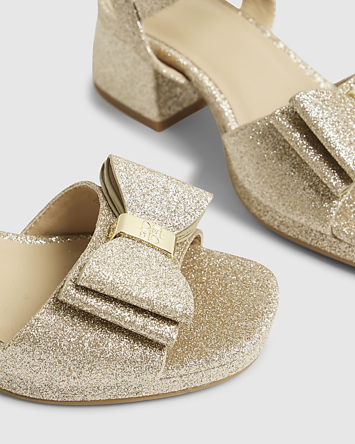 Girls Gold Glitter Bow Heeled Sandals