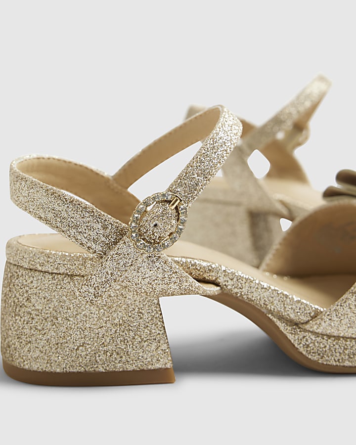 Girls Gold Glitter Bow Heeled Sandals