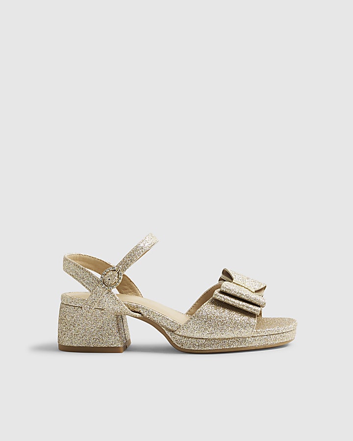 Girls Gold Glitter Bow Heeled Sandals
