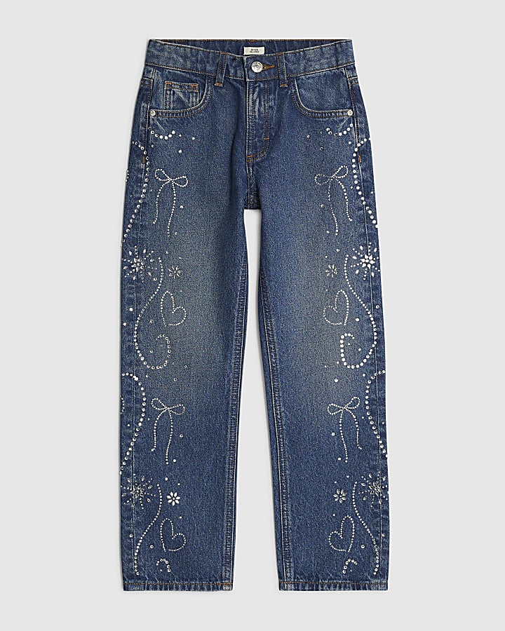 Girls Blue Hotfix Sided Straight Jeans