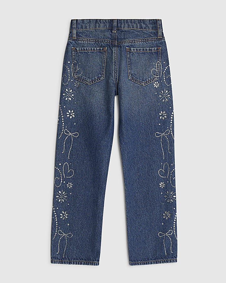 Girls Blue Hotfix Sided Straight Jeans