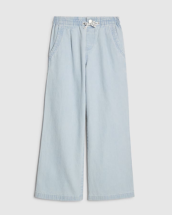 Girls Blue Wide Leg Bow Jeans