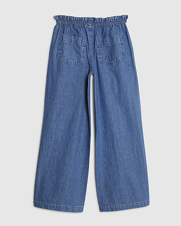 Girls Blue Wide Leg Bow Jeans
